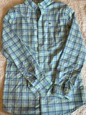 Vineyard Vines Boys Classic Button-Down in Aqua Plaid